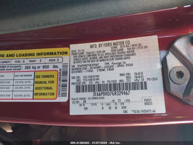 2016 Ford Fusion Se მანქანა იყიდება აუქციონზე, vin: 3FA6P0HD7GR329467, აუქციონის ნომერი: 41260483