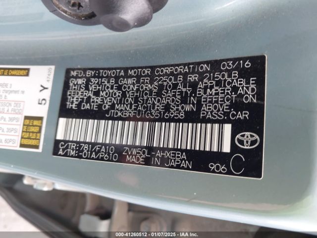 JTDKBRFU1G3516958 Toyota Prius Two