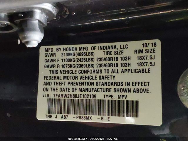 7FARW2H80JE102109 Honda Cr-v Ex-l/ex-l Navi