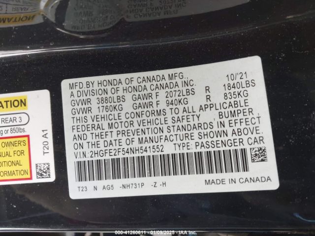 2HGFE2F54NH541552 Honda Civic Sport