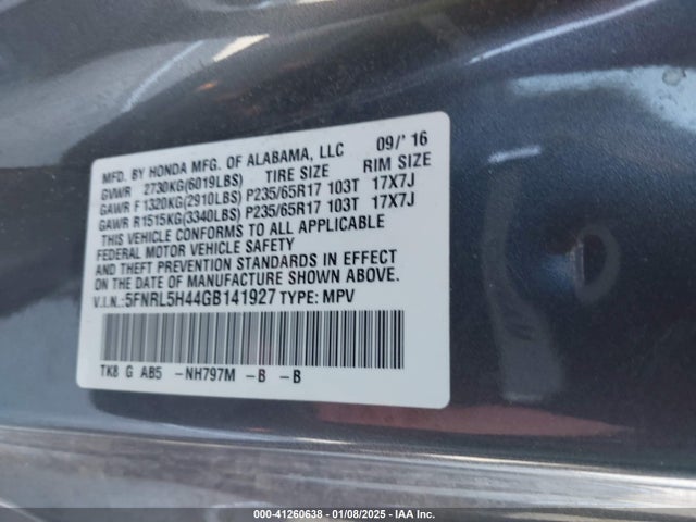 Honda ODYSSEY EX 2016 5FNRL5H44GB141927 Image 9