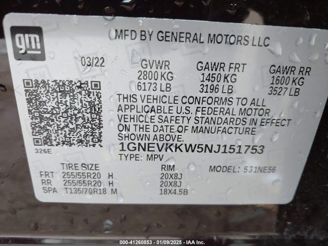 1GNEVKKW5NJ151753 Chevrolet Traverse Awd Premier