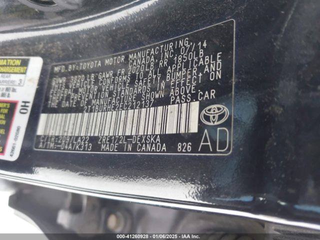 2T1BURHE2EC212137 Toyota Corolla L/le/le Pls/prm/s/s Pls