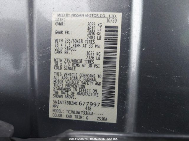 5N1AT3BB2MC677997 Nissan Rogue Sv Intelligent Awd