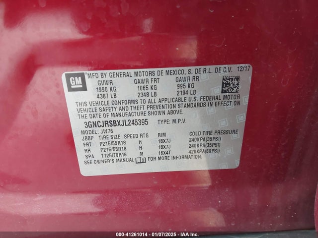 3GNCJRSBXJL245395 Chevrolet Trax Premier