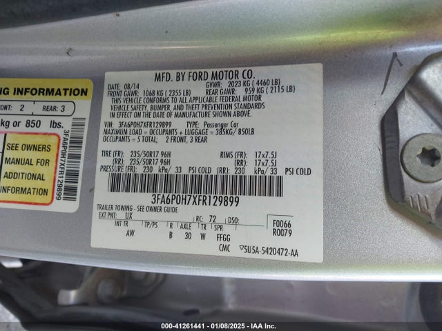 Ford FUSION SE 2015 3FA6P0H7XFR129899 Image 9