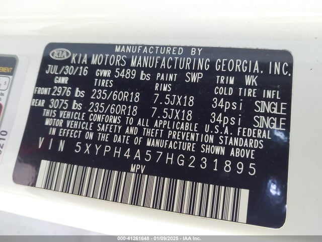 5XYPH4A57HG231895 KIA Sorento 3.3l Ex