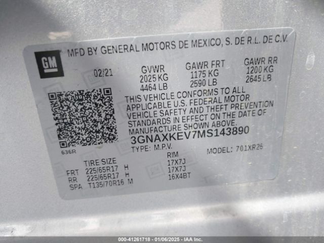 3GNAXKEV7MS143890 Chevrolet Equinox Fwd Lt
