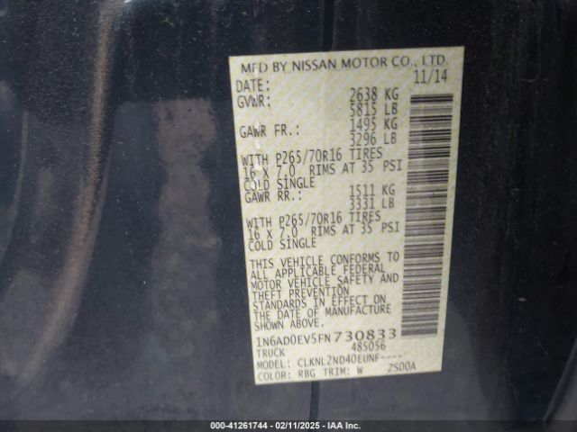 1N6AD0EV5FN730833 Nissan Frontier Sv