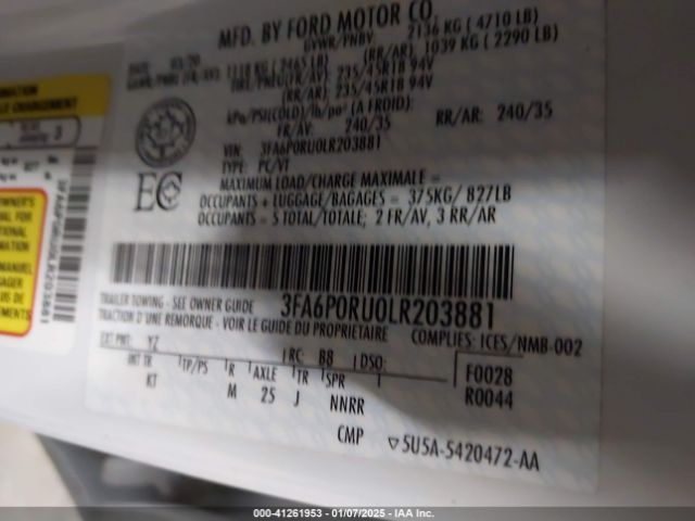 3FA6P0RU0LR203881 Ford Fusion Hybrid Titanium
