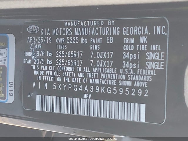 5XYPG4A39KG595292 KIA Sorento 2.4l Lx