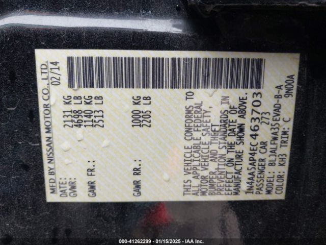 1N4AA5AP4EC463703 Nissan Maxima 3.5 S/3.5 Sv