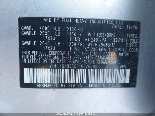 4S4BSBCC4G3265853 Subaru Outback 2.5i Premium