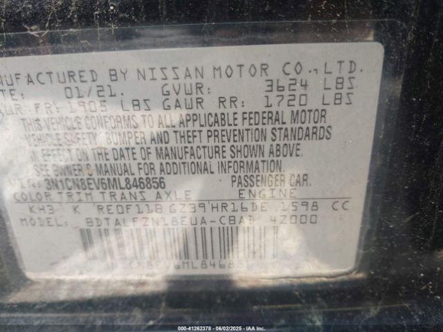 3N1CN8EV6ML846856 Nissan Versa Sv Xtronic Cvt