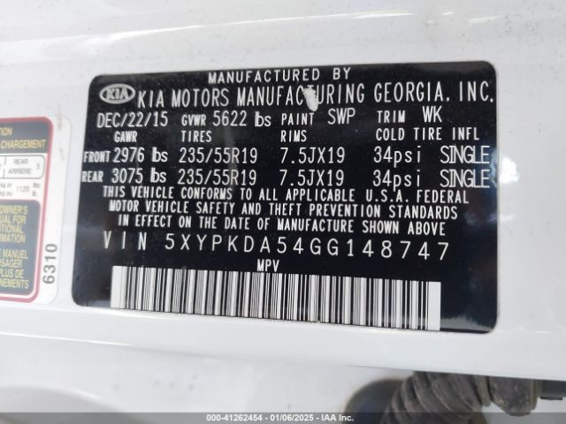 5XYPKDA54GG148747 KIA Sorento 3.3l Sxl
