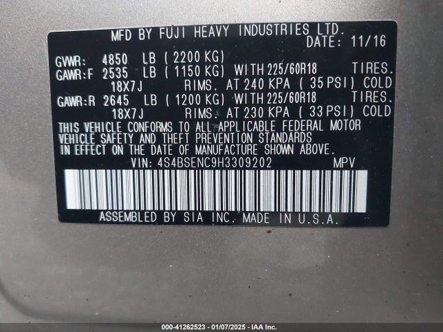 4S4BSENC9H3309202 Subaru Outback 3.6r Limited