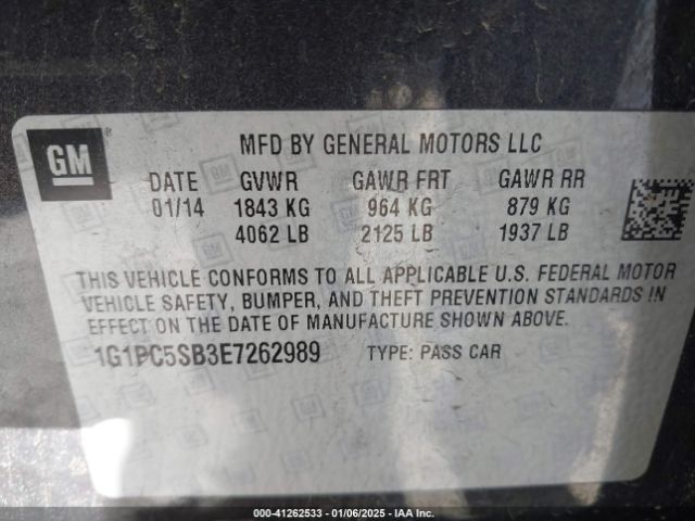 1G1PC5SB3E7262989 Chevrolet Cruze 1lt Auto