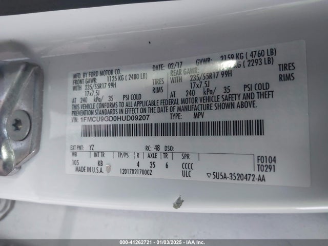 Ford ESCAPE SE 2017 1FMCU9GD0HUD09207 Image 9