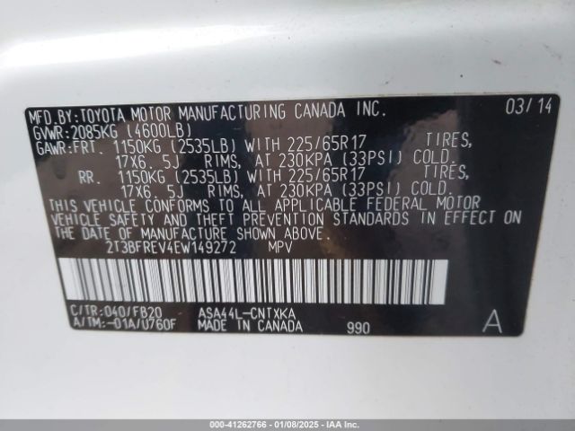 2T3BFREV4EW149272 Toyota RAV4 LE