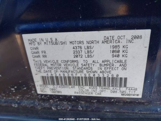 2009 MITSUBISHI GALANT 4A3AB36F19E033260 Photo 8