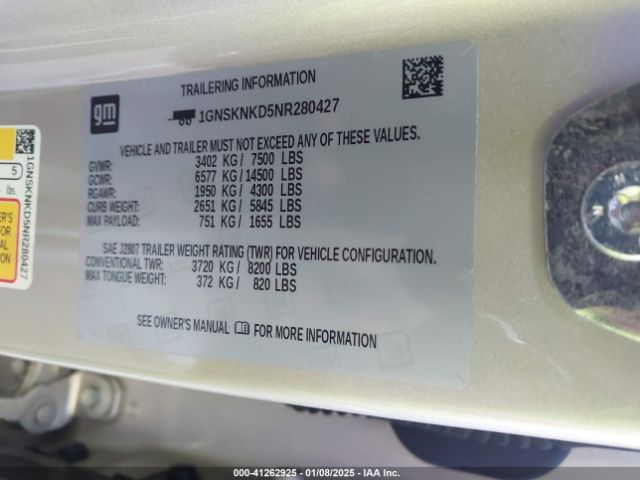 1GNSKNKD5NR280427 Chevrolet Tahoe 4wd Lt