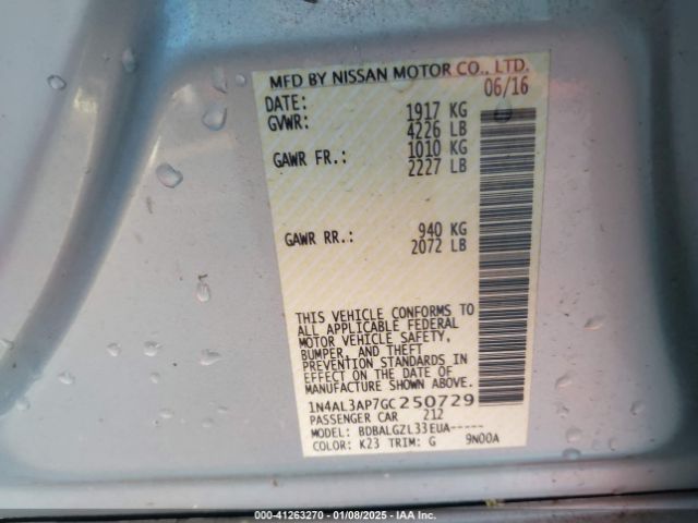 1N4AL3AP7GC250729 Nissan Altima 2.5/2.5 S/2.5 Sl/2.5 Sr/2.5 Sv