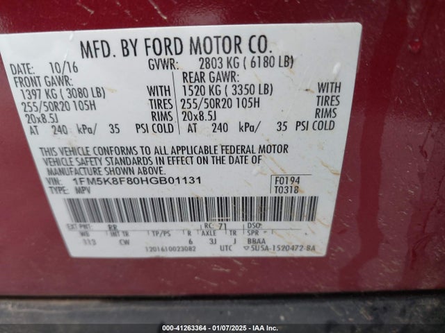 1FM5K8F80HGB01131 Ford Explorer Limited