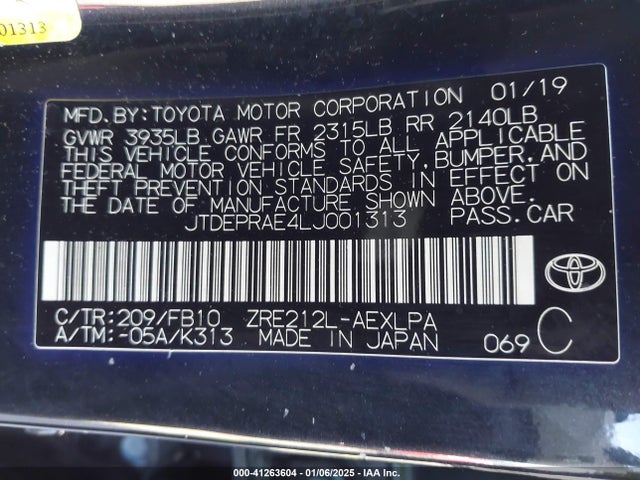 JTDEPRAE4LJ001313 Toyota COROLLA LE
