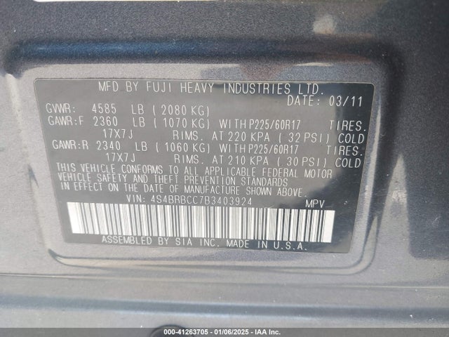 41263705 :رقم المزاد ، 4S4BRBCC7B3403924 vin ، 2011 Subaru Outback 2.5i Premium مزاد بيع