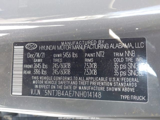 5NTJB4AE7NH014148 Hyundai Santa Cruz Sel