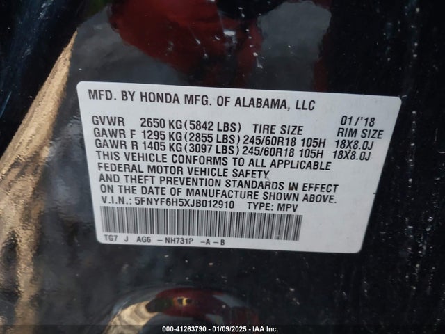 5FNYF6H5XJB012910 Honda Pilot Ex-l