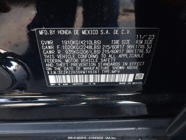 3CZRZ2H30RM749361 Honda Hr-v Awd Lx