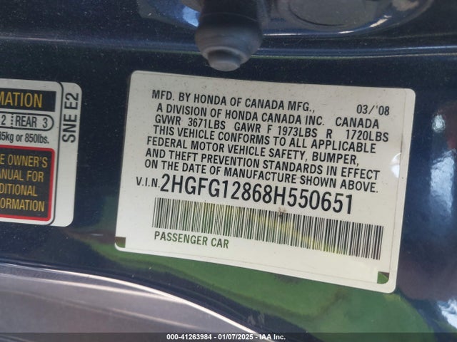 Aukcja sprzedaży 2008 Honda Civic Ex, vin: 2HGFG12868H550651, numer aukcji: 41263984