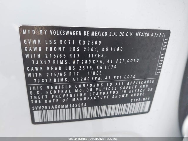 3VV2B7AX0MM142554 Volkswagen Tiguan 2.0t Se/2.0t Se R-line Black/2.0t Sel