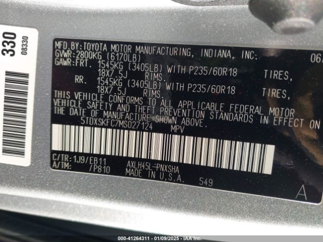 5TDXSKFC7MS027124 Toyota Sienna Xse