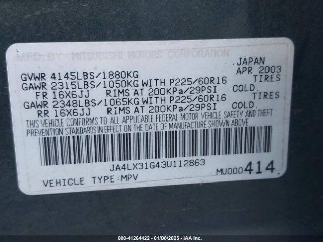 2003 MITSUBISHI OUTLANDER JA4LX31G43U112863 Photo 8