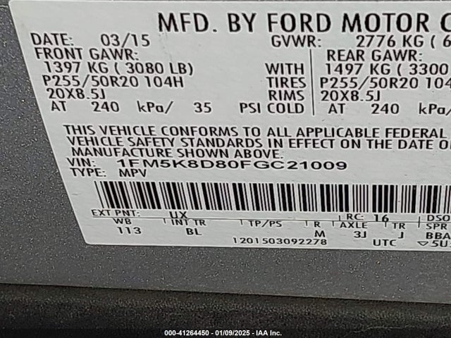 Ford EXPLORER XLT 2015 1FM5K8D80FGC21009 Image 9