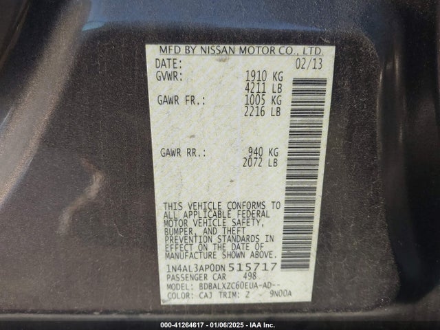 Aukcja sprzedaży 2013 Nissan Altima 2.5 Sl, vin: 1N4AL3AP0DN515717, numer aukcji: 41264617