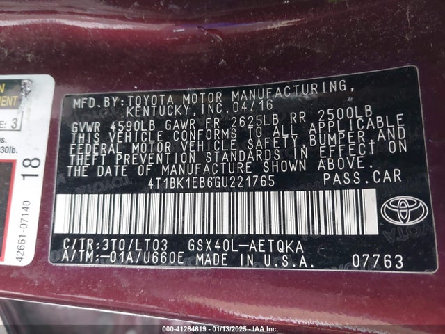 4T1BK1EB6GU221765 Toyota Avalon Touring
