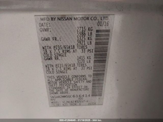 5N1AR2MM5GC616414 Nissan Pathfinder Platinum/s/sl/sv