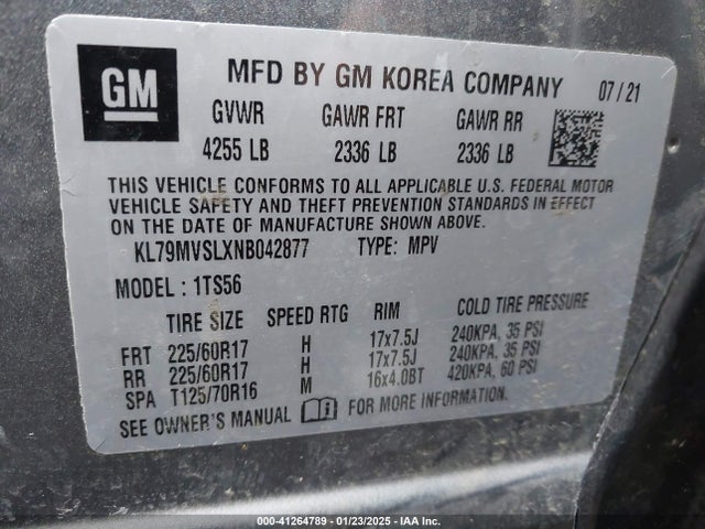 41264789 :رقم المزاد ، KL79MVSLXNB042877 vin ، 2022 Chevrolet Trailblazer Fwd Activ مزاد بيع