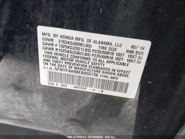 Honda Pilot Touring 2014 5FNYF4H98EB055736 Image 9