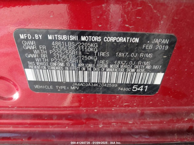 Продаж на аукціоні авто 2019 Mitsubishi Outlander Se, vin: JA4AD3A34KZ042599, номер лоту: 41265728