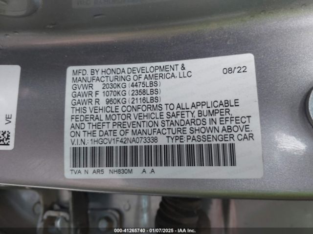 1HGCV1F42NA073338 Honda Accord Sport Se