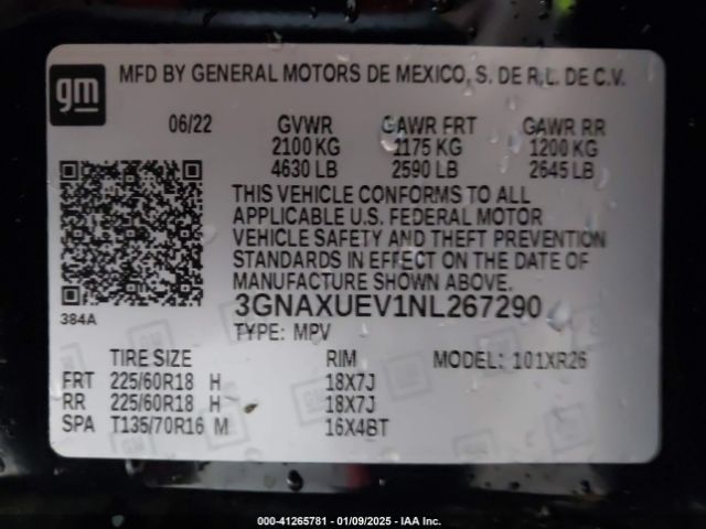 3GNAXUEV1NL267290 Chevrolet Equinox Awd Lt