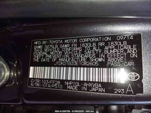 JTDKDTB33E1082605 Toyota Prius C Two