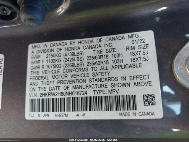 2HKRW2H80NH616724 Honda Cr-v Awd Ex-l