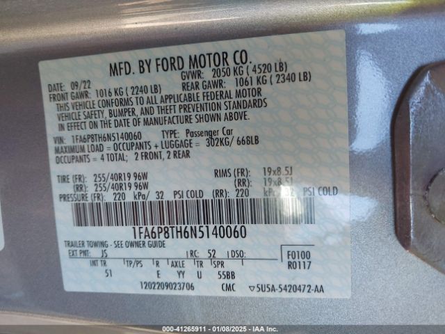 1FA6P8TH6N5140060 Ford Mustang Ecoboost Premium Fastback
