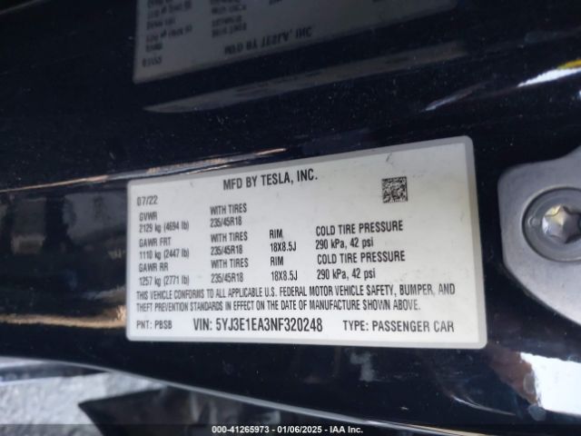 5YJ3E1EA3NF320248 Tesla Model 3 Rear-wheel Drive