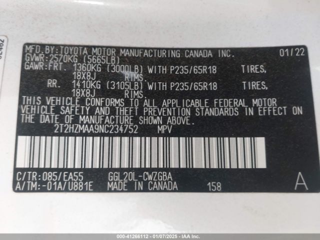 2T2HZMAA9NC234752 Lexus RX 350